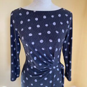 CHAPS black polka dot long sleeve stretch faux wrap ruching dress